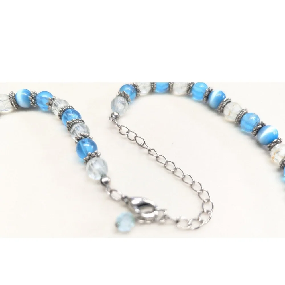 Vintage Beaded Necklace Blue Cats Eye‎ Glass Silver Tone Boho Strand Clear Beads